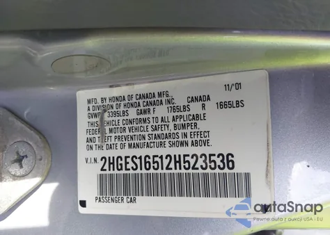 2002 Honda Civic Lx z USA, uszkodzony, nr VIN 2HGES16512H523536